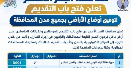 البحر الأحمر تفتح باب توفيق أوضاع الأراضى حتى 31 ديسمبر.. اعرف المواعيد والمستندات